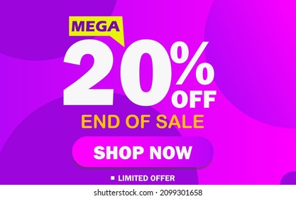 20% off mega discount. 20 percent off sale. Banner for quick sale, promotion, offer and discounts. Colorful banner, purple and pink gradient. EPS 10 vector illustration