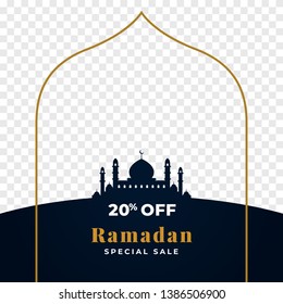 20% off ramadan special sale background template design with transparent image place holder space. great mosque silhouette with golden line frame vector illustration
