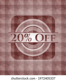 20% Off red emblem or badge with abstract geometric polygonal pattern background. Seamless. 