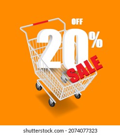 20% off and red sale text 3d in a shopping cart and all object floating in the air for advertising promotion sale,vector 3d isolated on orange background