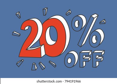20 % off. Red twenty number on blue background. Hand drawn funny doodle design for flyer, poster, banner, icon or header. Vector EPS10