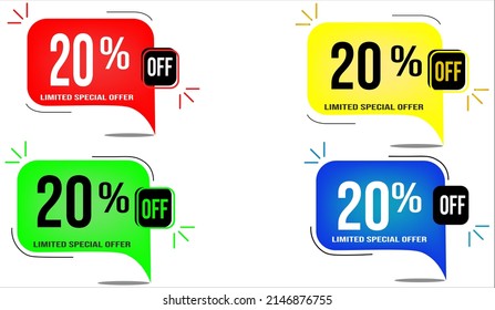 20% off. Red, yellow, green and blue balloons with a hundred percent discount. Label banner with four colorful balloons and special offers