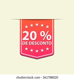 20 % off ribbon label. Red color. Portuguese text. Vector illustration.