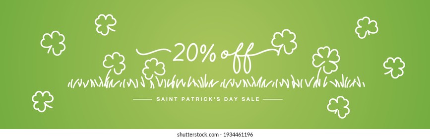 20 % off Saint Patrick's Day sale discount handwritten typography lettering with white clovers and grass on green background drawing in line design