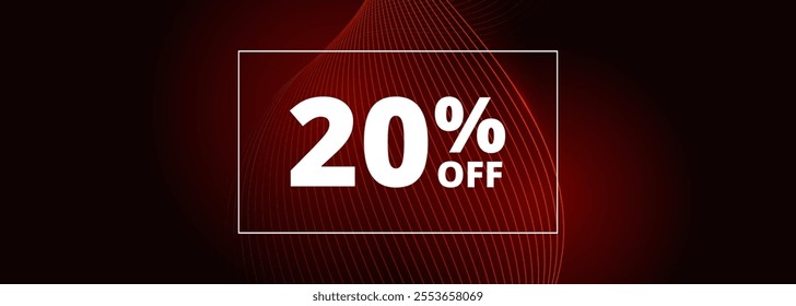 20 off sale banner. Abstract red glowing wavy lines on black wide background. 20 percent off holiday sale discount. Vector illustration