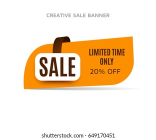 20% off sale banner with shadow on a white background. Orange sticker or discount label. Web special offer tag. Vector promotion poster, badge template, eps10