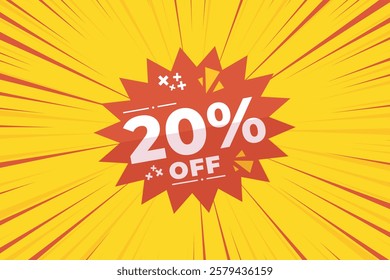 20% off sale banner vector with red and yellow sunburst background and white text. Perfect for flash sale, special offers, big sale, e-commerce, online promotions and discount advertising.