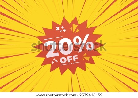 20% off sale banner vector with red and yellow sunburst background and white text. Perfect for flash sale, special offers, big sale, e-commerce, online promotions and discount advertising.