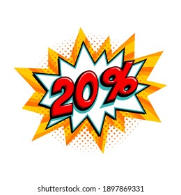 20 off sale. Comic yellow sale bang balloon - Pop art style discount promotion banner. Vector illustration.