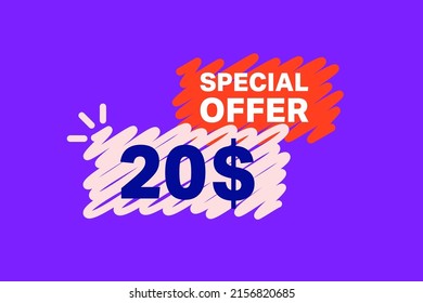 20$ OFF Sale Discount banner shape template. Super Sale 20 Dollar Special offer badge end of the season sale coupon bubble icon. Modern concept design. Discount offer price tag vector illustration.