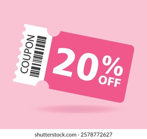 20% off sale pink coupon. Ten percent promotion illustration. Tag label, sale banner with discount coupon. Black Friday.