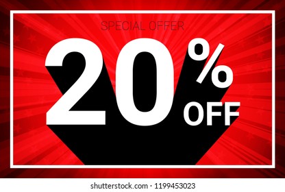 20% OFF Sale. White color 3D text and black shadow on red burst background design. Discount special offer promo advertising concept vector illustration.