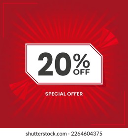 20% OFF. Special Offer Marketing Announcement. Discount promotion.20% Discount Special Offer Conceptual Red Banner Design Template.