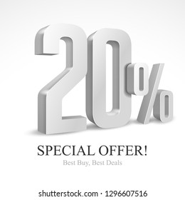 20% Off Special Offer Silver 3D Digits Banner, Template Twenty Percent. Sale, Discount. Grayscale, Metal, Gray, Glossy Numbers. Illustration Isolated On White Background. Ready For Your Design. Vector
