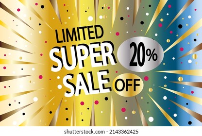 20% off. Super sale banner. Discount for stores and promotion with colored background