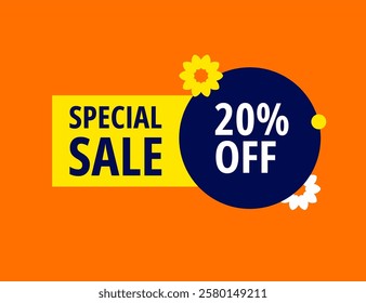20% off tag - orange background with yellow rectangular twenty percent off offer banner, blue circle, flowers. Special summer or carnival offer for a limited time