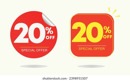 20% off. Tag special offer, campaign sales, red sticker. Advertising, promo, discount, shop, retail, store. Icon, vector. Poster seventy five percent off price, value