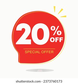 20% off. Tag, sticker, special offer. Advertising for sales, promo, discount, shop. Poster ten percent off price, value. Red and yellow balloon. Vector, symbol, icon