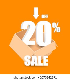 20% off text 3d in a parcel box and all object floating in the air for advertising promotion sale,vector 3d isolated on orange background