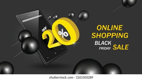 20% off text flew from the smartphone screen forward with balloons for online shopping black friday  promotion sale concept design,vector 3d for 
discount advertising promotion design