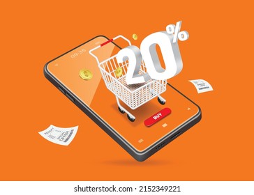 20% off text place to shopping cart and all on the smartphone And there were gold coins and receipt floating around,vector 3d isolated on orange background for online shopping promotion discount