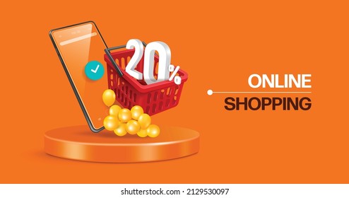 20% off text put in red shopping basket that floats in front of smartphone and yellow balloons are placed around it. And it's all on a round podium,vector 3d on orange background for online shopping