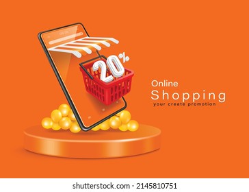 20% off text in red shopping basket that floats in front of smartphone store and yellow balloons are placed around it. And it's all on a round podium,vector 3d on orange background for online shopping