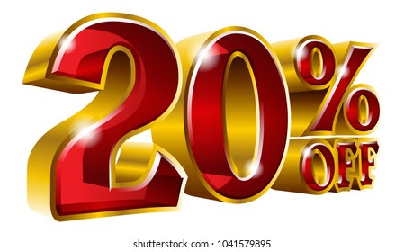 20% off - Twenty percent off discount gold and red sign. Vector illustration. Special Offer 20 % Off Discount Tag. Ideal for Sticker, Banner, Advertising, TV Commercial and any kind of Decoration.