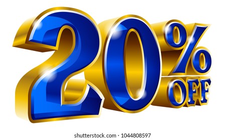 20% off - Twenty percent off discount gold and blue sign. Vector illustration. Special Offer 20 % Off Discount Tag. Ideal for Sticker, Banner, Advertising, TV Commercial and any kind of Decoration.
