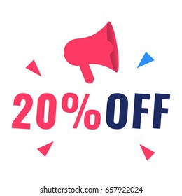 20% off. Vector illustration with megaphone icon on white background.