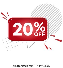 20% off. White background with 20 percent discount on a red balloon for mega big sales. 20% sale