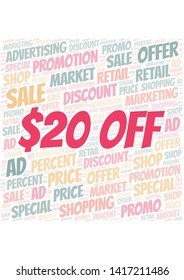 $20 Off word cloud. Wordcloud made with text only.