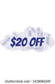 $20 Off word cloud. Wordcloud made with text only.