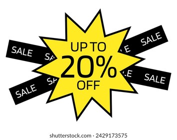 Up to 20% OFF written on a yellow ten-pointed star with a black border. On the back, two black crossed bands with the word sale written in white.