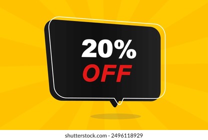 20% off. Yellow banner with twenty percent discount on a black balloon