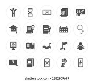 20 Open arms, DNA strand, Digital display 60, Hard Cover Book, Unknown topic, Teacher with stick, Monthly calendar modern icons on round shapes, vector illustration, eps10, trendy icon set.