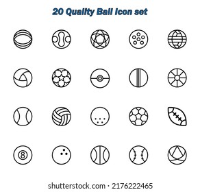 20 Outlined icon pack. Different balls. Sport icons. Black and white icons