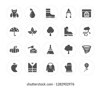 20 Owl, Pear, Hoodie, Shirt, Apple, Fireplace, Boot, Broom, Pumpkin, Leaf modern icons on round shapes, vector illustration, eps10, trendy icon set.