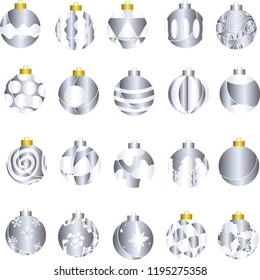 20 Pack, Realistic Silver Bauble with White Shiny Patterns, Merry Christmas Ornaments, Silver and Gold Caps for All Balls, Holiday Season Tree Decoration, 3D, Isolated Vectors, Winter Ball, Hand Drawn