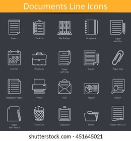 20 paper and documents line icons set, vector eps10 illustration