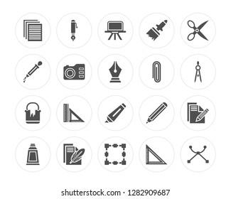 20 Paper, Pen, Transform Box, Paper and Feather, Paint Tube, Scissors, Clip, Marker, Can, Photo Camera modern icons on round shapes, vector illustration, eps10, trendy icon set.