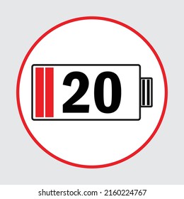 20 percent battery charge flat icon, icon image, low battery power level vector symbol