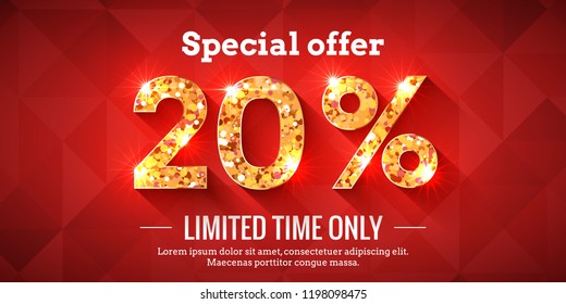 20 Percent Bright Red Sale Background with golden glowing numbers. Lettering - Special offer for limited time only