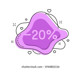 20% de descuento en la forma de burbuja de color con decoraciones aisladas en fondo blanco. Etiquetas de descuento de negocios para tiendas y publicidad promocional