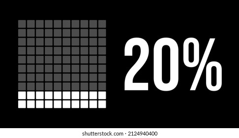20 percent diagram, twenty percentage vector infographic. Rounded rectangles forming a square chart. White color on black background.