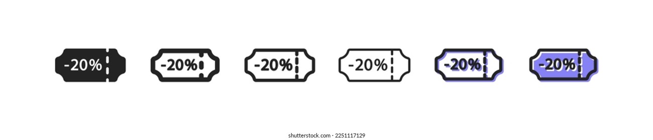 20 percent dicount set icon. Shopping items, package, discount sticker, label, buy, purchase, shop, store, customer, packet. Sale concept. Six vector line icon in different styles