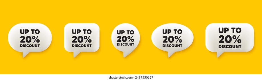 Up to 20 percent discount. 3d chat speech bubbles set. Sale offer price sign. Special offer symbol. Save 20 percentages. Discount tag talk speech message. Talk box infographics. Vector