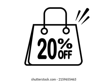 20 percent discount bag. Black and white banner with floating bag for promotions and offers.
