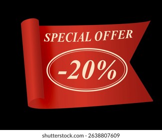 20 percent discount banner on red ribbon. Special offer sign with elegant typography on black background. Vector illustration for marketing, promotion, and retail sale.