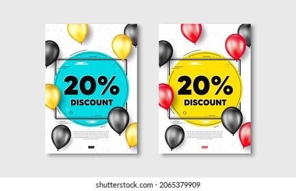 20 percent Discount. Flyer posters with realistic balloons cover. Sale offer price sign. Special offer symbol. Discount text frame white posters. Balloons cover. Vector